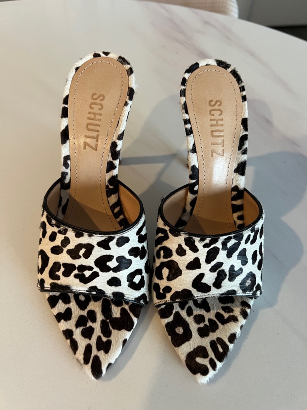 SCHUTZ Black & White Leopard-Print Pointed Mules